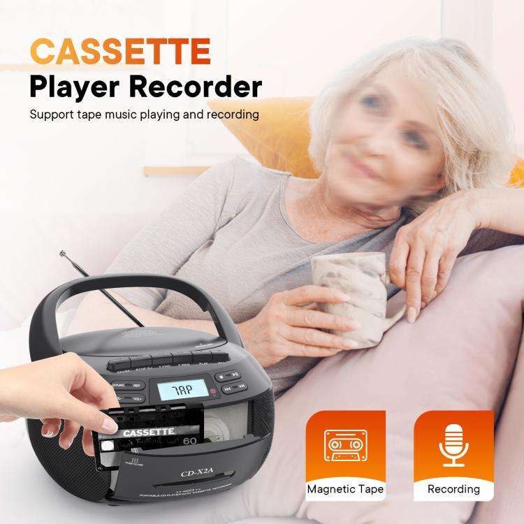 X2A Portable Cassette Player Stereo Bluetooth AM/FM/MP3 Music CD Player Tape Recorder EU Plug(Black)