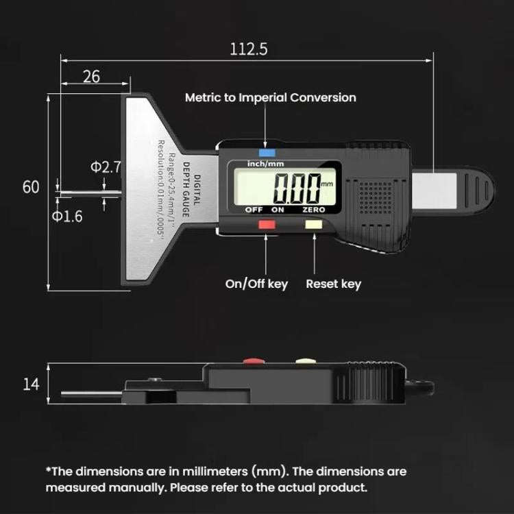 Syntek Digital Depth Ruler 0-25mm Electronic Tire Tread Measuring Ruler(Black)