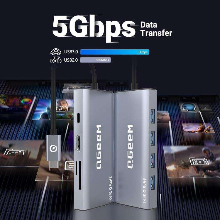 QGeeM 9 In 1 USB-C/Type-C Docking Station Hub RJ45+4K 30Hz HDMI+PD 85W+USB2.0/USB3.0+SD/TF