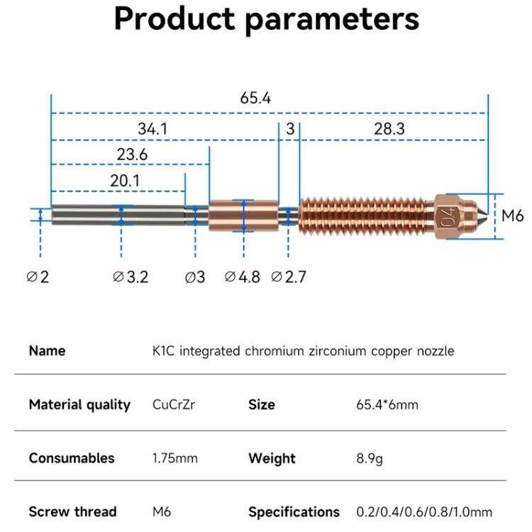 1.75/0.6mm  All-in-One Chrome Zirconium Copper Nozzle for Creality Ender-3 V3/K1C/K1 Max 3D Printers