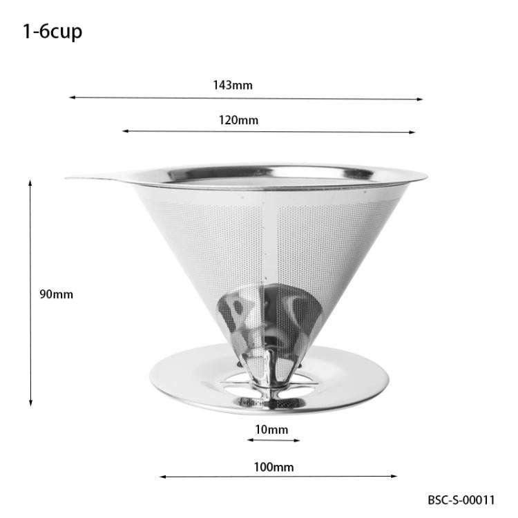 V60 Stainless Steel Coffee Filter with Base for Pour Over Brewing, Spec: 1-6 Cups 600-mesh