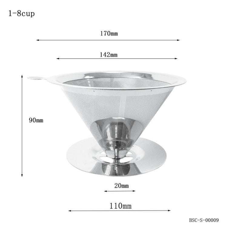 V60 Stainless Steel Coffee Filter with Base for Pour Over Brewing, Spec: 1-8 Cups 300-mesh