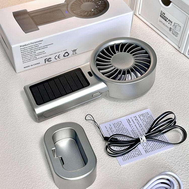 Solar Powered Handheld & Desk Fan with 5-Speed Turbo 12 Blades USB Type-C Fast Charging(Metallic)