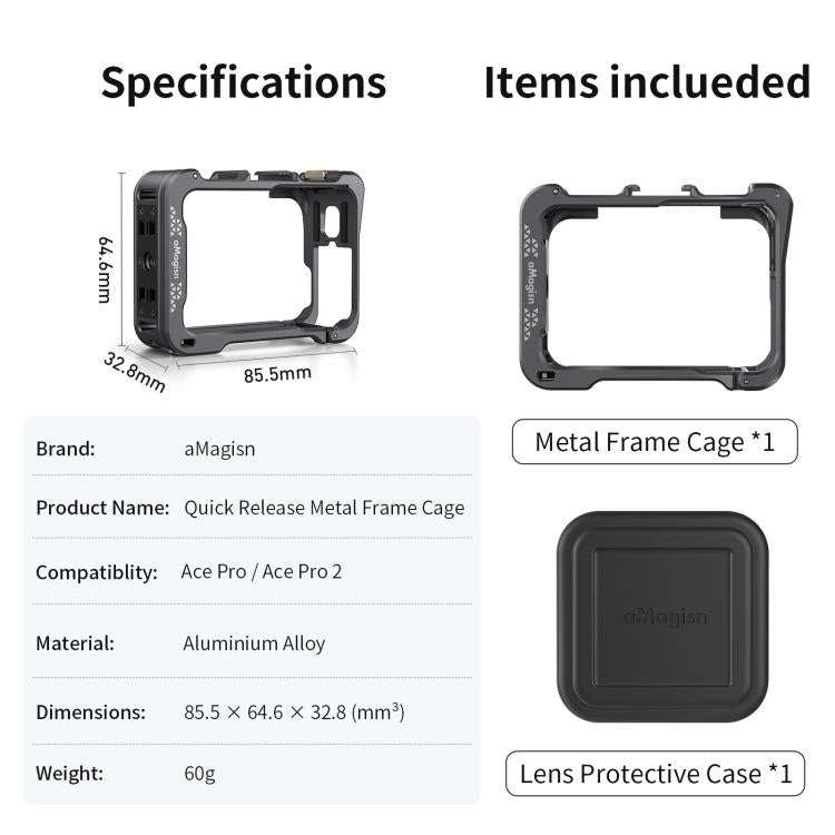 For Insta360 Ace Pro 2 / Ace Pro Camera AMagisn Quick Release Metal Cage Horizontal & Vertical Sh...