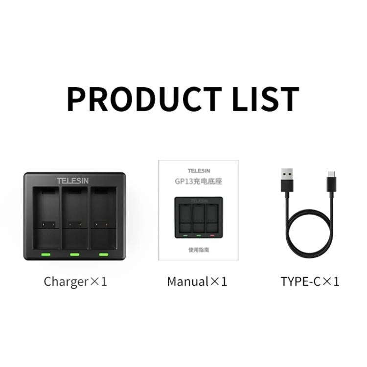 For GoPro HERO13 Black TELESIN 3 Slots Charging Base Action Camera Accessories(Black)