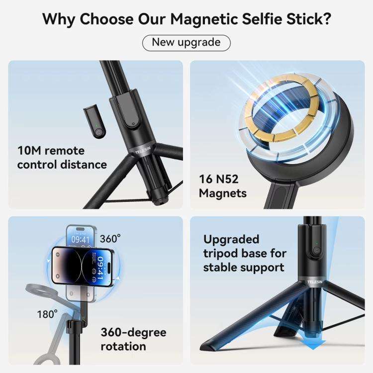 TELESIN 1.3m Magnetic Selfie Stick Tripod Phone Stand for Outdoor Vlog & Live Streaming with Blue...