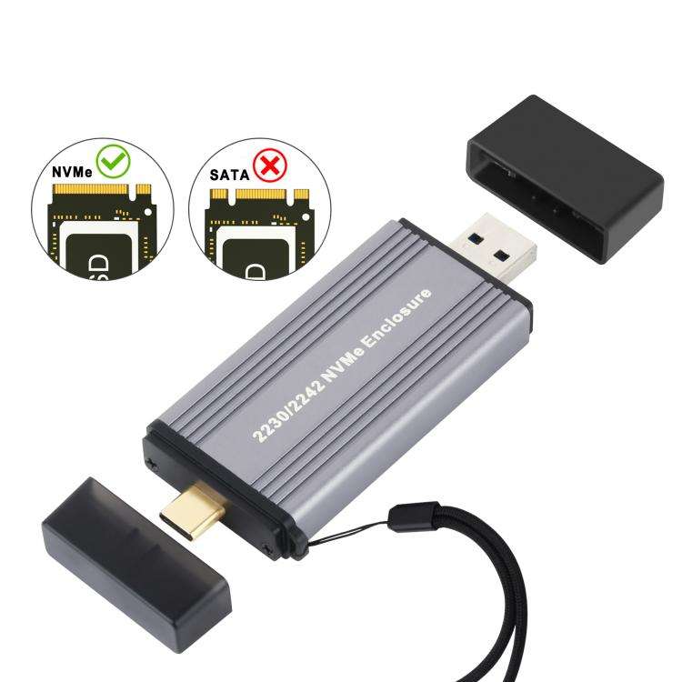 2230/2242 NVMe 10Gbps USB3.1 Gen2 NVMe Hard Drive Enclosure With Direct Plug USB + Type-C Dual In...