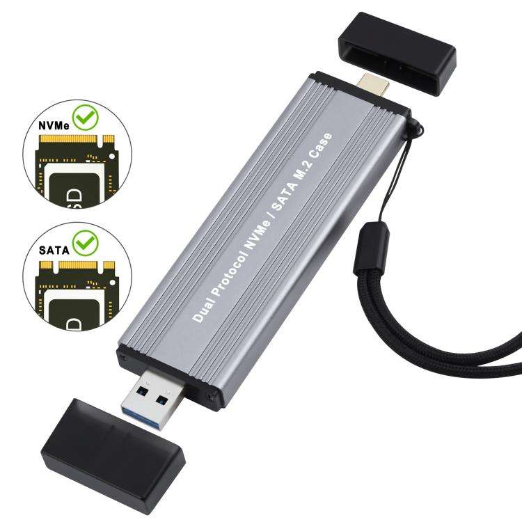 NVMe / SATA M.2 10Gbps USB3.1 Gen2 NVMe Hard Drive Enclosure With Direct Plug USB + Type-C Dual I...