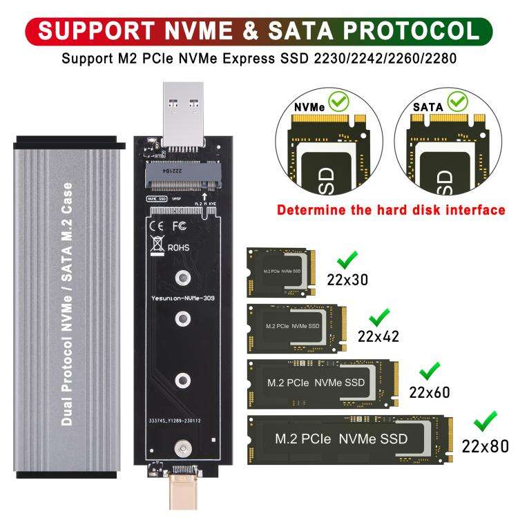 NVMe / SATA M.2 10Gbps USB3.1 Gen2 NVMe Hard Drive Enclosure With Direct Plug USB + Type-C Dual I...