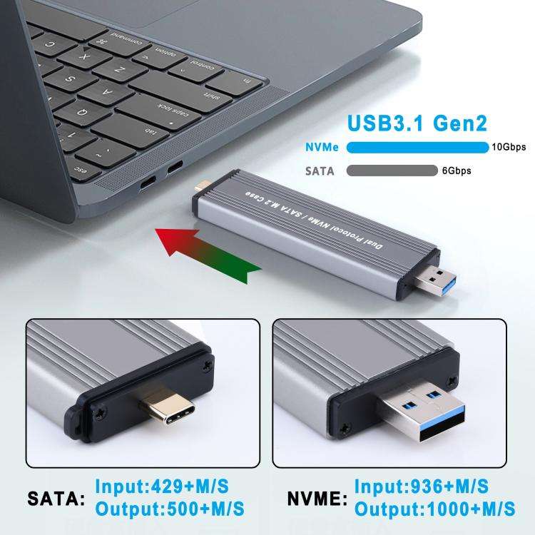 NVMe / SATA M.2 10Gbps USB3.1 Gen2 NVMe Hard Drive Enclosure With Direct Plug USB + Type-C Dual I...