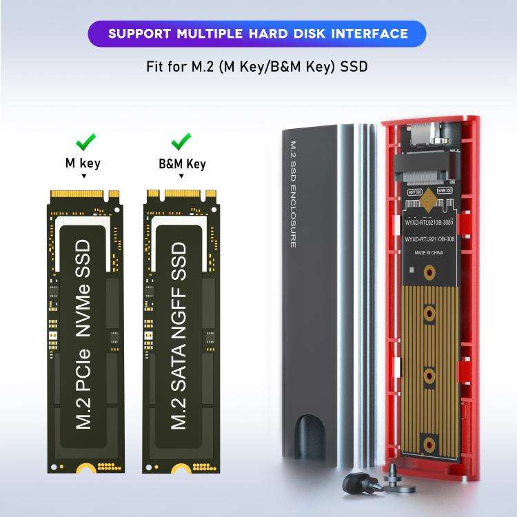 M.2 NVMe/SATA SSD Enclosure USB-C 10Gbps External Case Supports Up To 2TB With 2-in-1 Cable