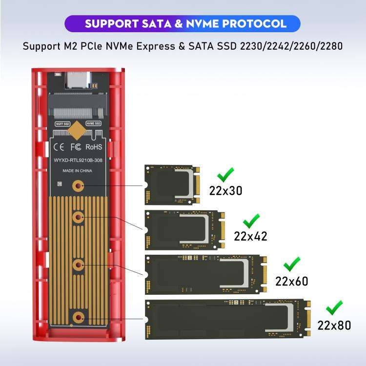 M.2 NVMe/SATA SSD Enclosure USB-C 10Gbps External Case Supports Up To 2TB With 2-in-1 Cable