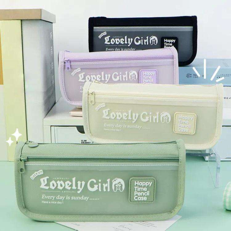 Cute Large Capacity Pencil Case with Transparent Front Pocket School Supplies Organizer(Beige)