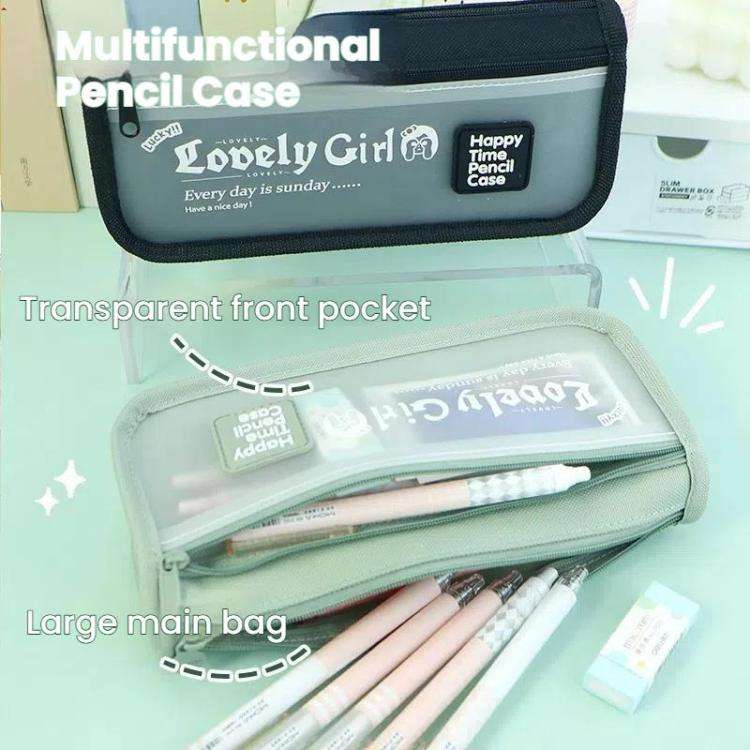 Cute Large Capacity Pencil Case with Transparent Front Pocket School Supplies Organizer(Beige)