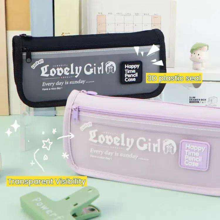 Cute Large Capacity Pencil Case with Transparent Front Pocket School Supplies Organizer(Beige)