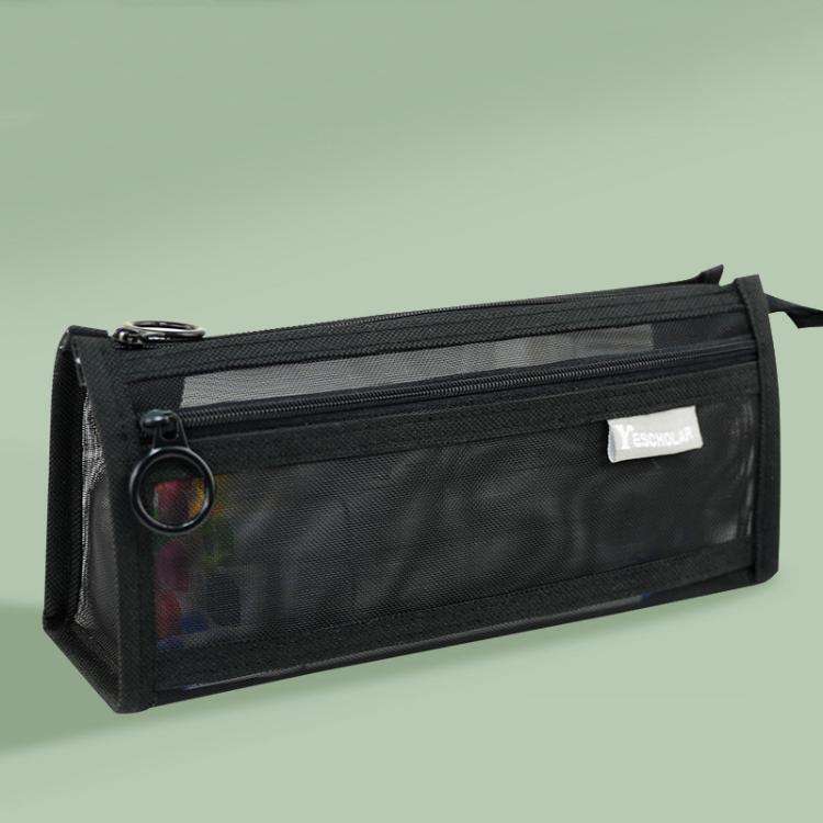 Large Capacity Double-Layer Mesh Pencil Case Triangular Base Design Exam Accessory Pouch(Black)