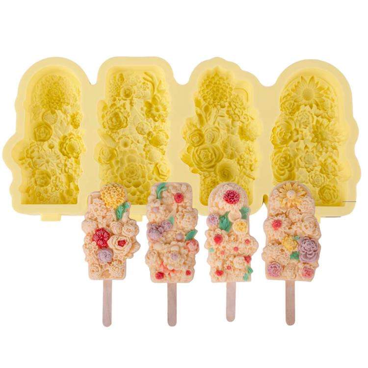 4 Grids Flower Ice Cream Silicone Mold Home Use Food-Grade Ice Pop Mold(Yellow)