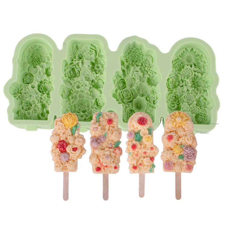 4 Grids Flower Ice Cream Silicone Mold Home Use Food-Grade Ice Pop Mold(Green)