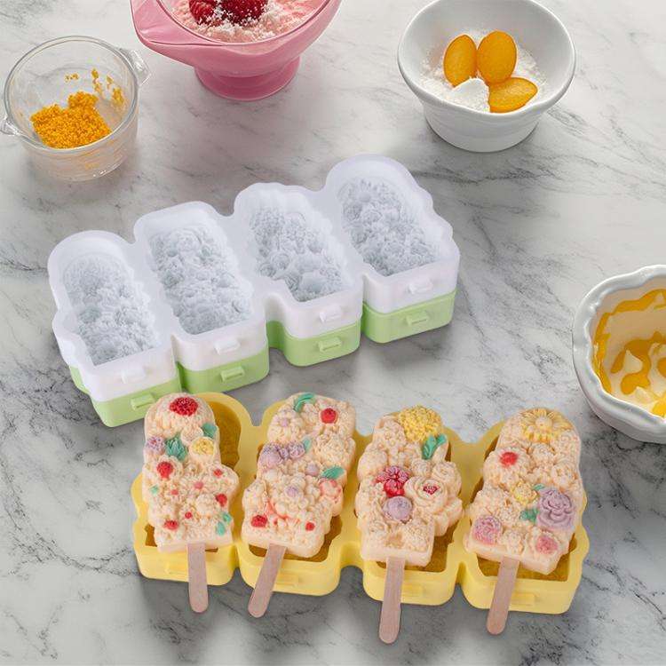 4 Grids Flower Ice Cream Silicone Mold Home Use Food-Grade Ice Pop Mold(Yellow)