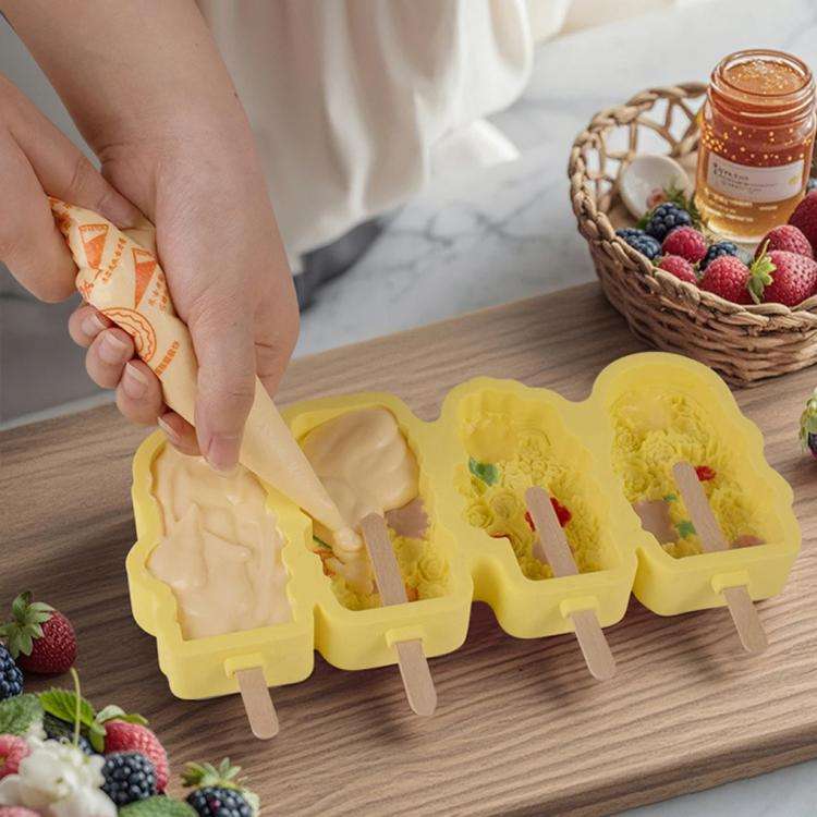 4 Grids Flower Ice Cream Silicone Mold Home Use Food-Grade Ice Pop Mold(Yellow)