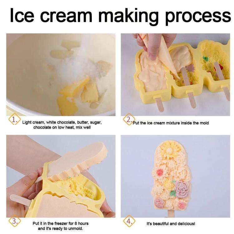 4 Grids Flower Ice Cream Silicone Mold Home Use Food-Grade Ice Pop Mold(Yellow)
