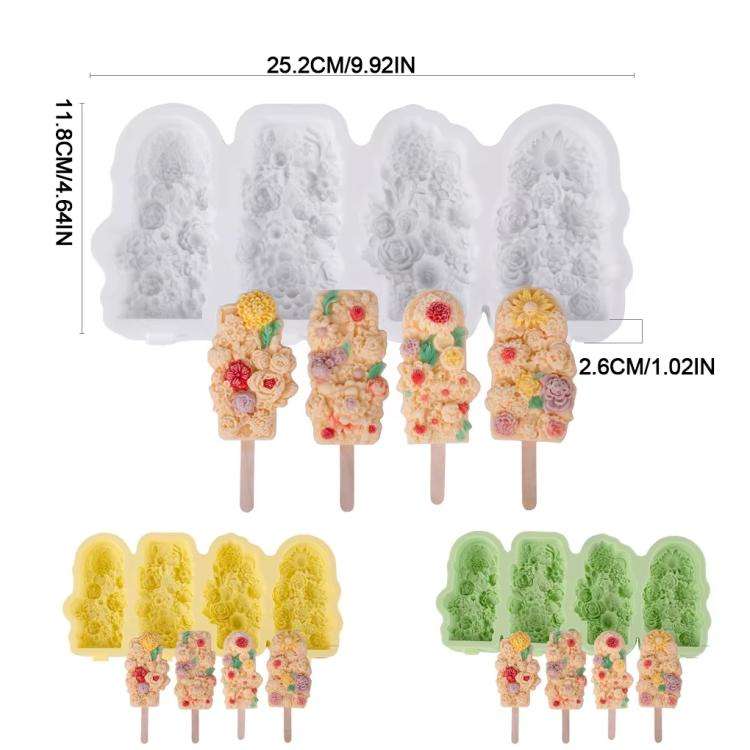 4 Grids Flower Ice Cream Silicone Mold Home Use Food-Grade Ice Pop Mold(Yellow)