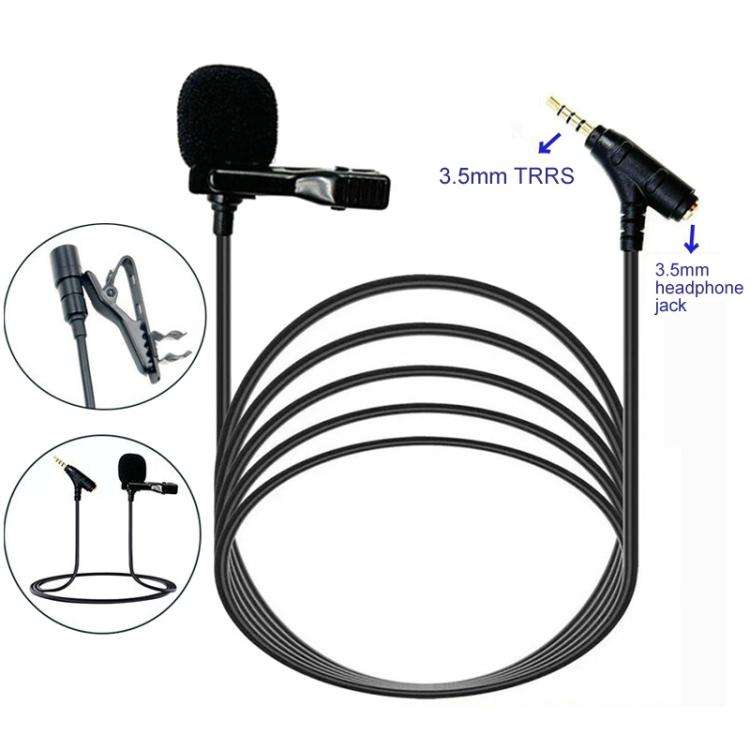 3.5mm TRRS Lavalier Microphone with Earphone Monitoring Jack Clip-on Lapel Mic 5m