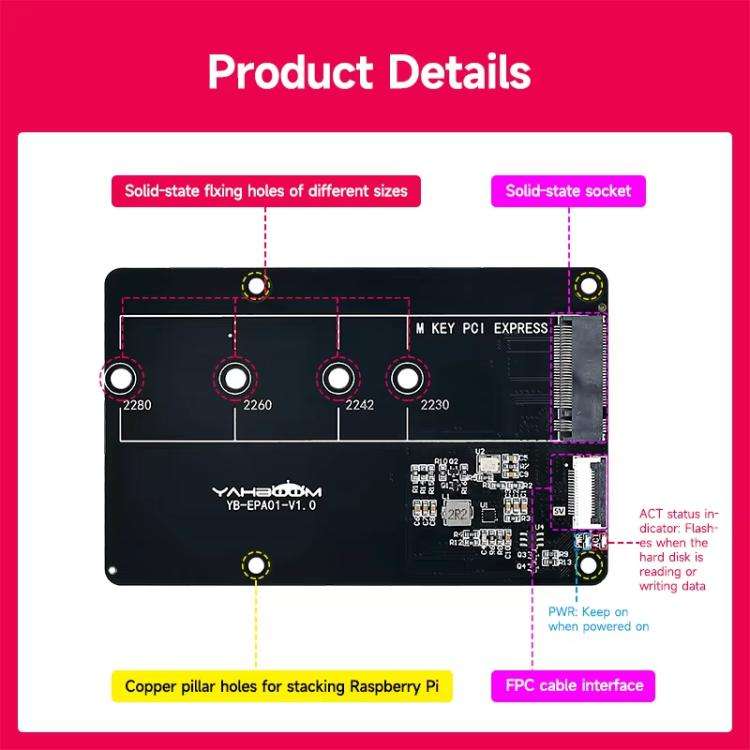Yahboom PCIe To M.2 Adapter Expansion Board For Raspberry Pi 5 NVMe Expansion Board, Spec: Separa...