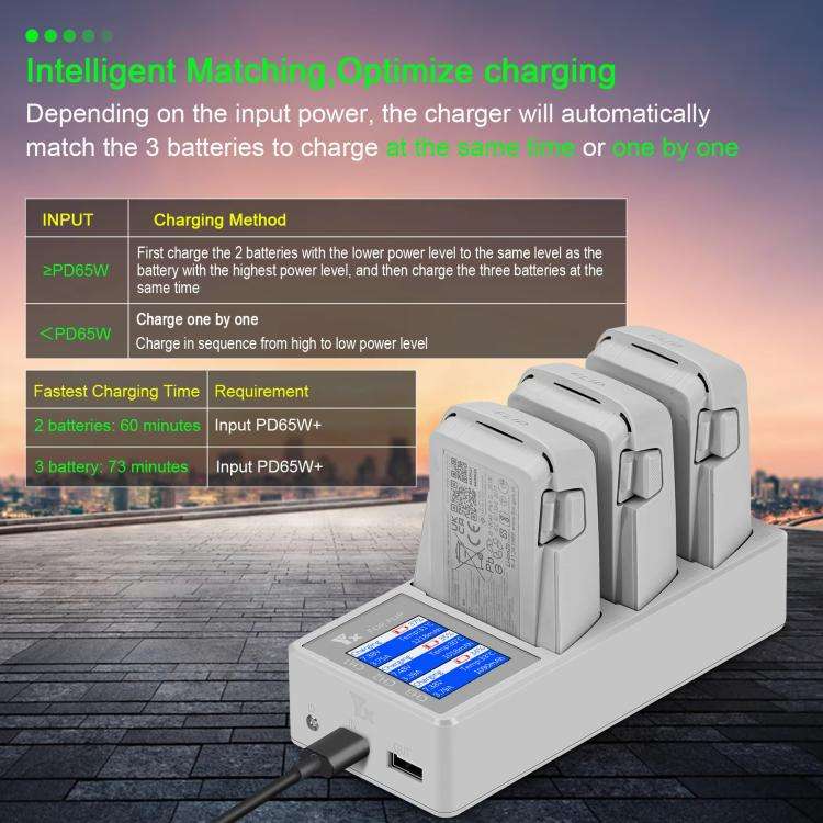 For DJI Flip Drone YX 3-Channel Battery Charger with Color LCD Screen Smart Charging Hub