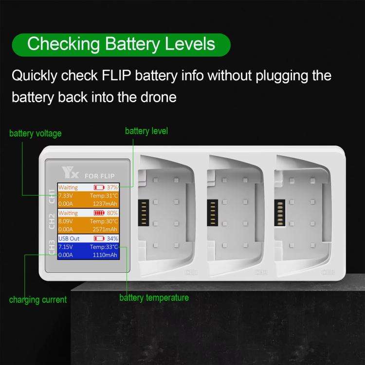 For DJI Flip Drone YX 3-Channel Battery Charger with Color LCD Screen Smart Charging Hub