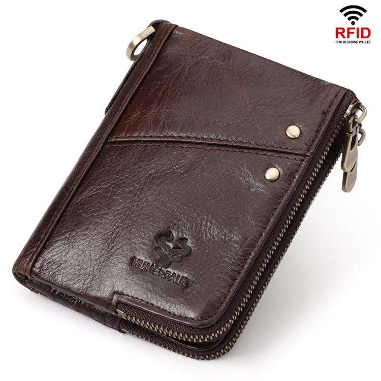 HUMERPAUL BP852 RFID Leather Anti-Theft Wallet Short Double Zipper Wallet(Brown)