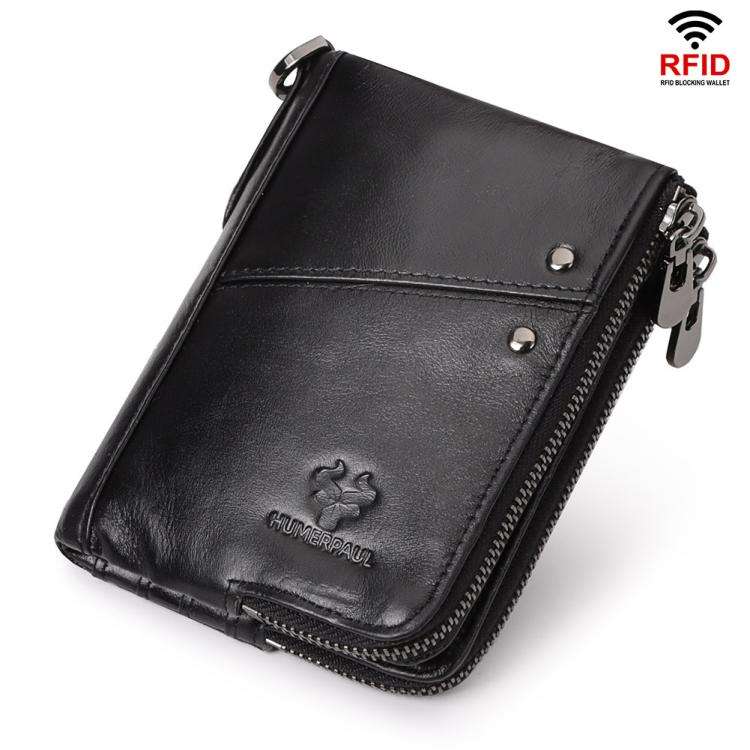 HUMERPAUL BP852 RFID Leather Anti-Theft Wallet Short Double Zipper Wallet(Black)