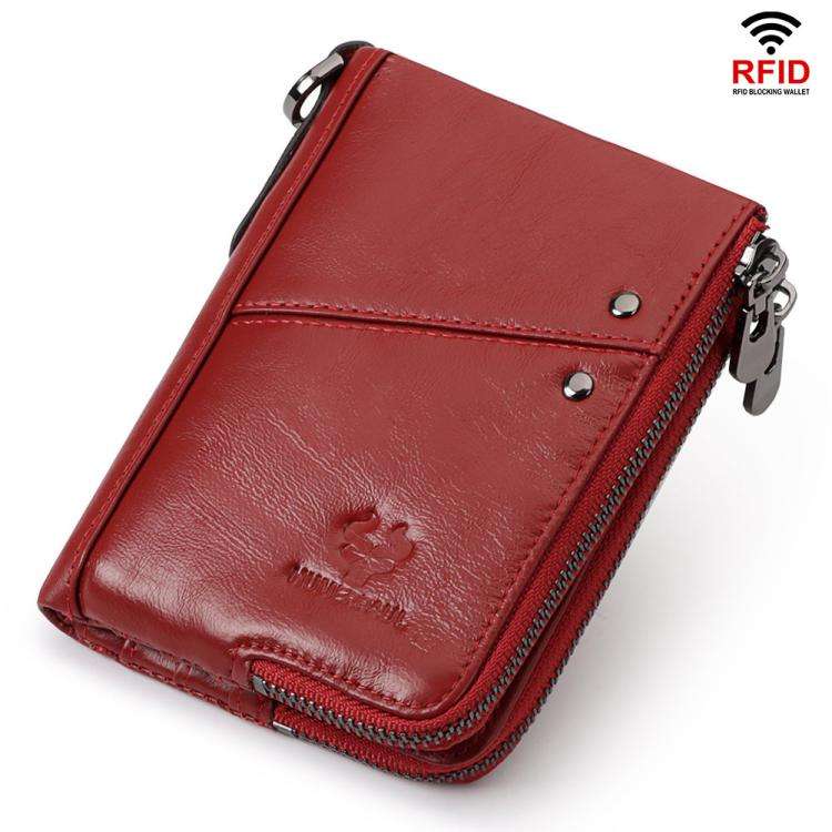 HUMERPAUL BP852 RFID Leather Anti-Theft Wallet Short Double Zipper Wallet(Red)