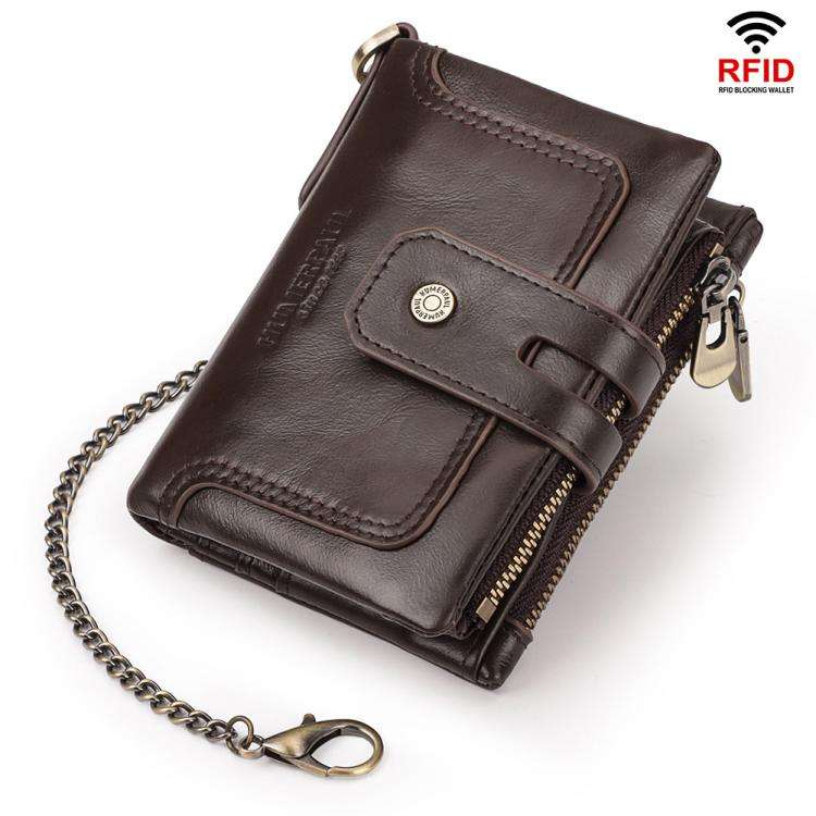 HUMERPAUL BP778 Short Leather Wallet RFID Tri-fold Double Zipper Coin Purse(Brown)