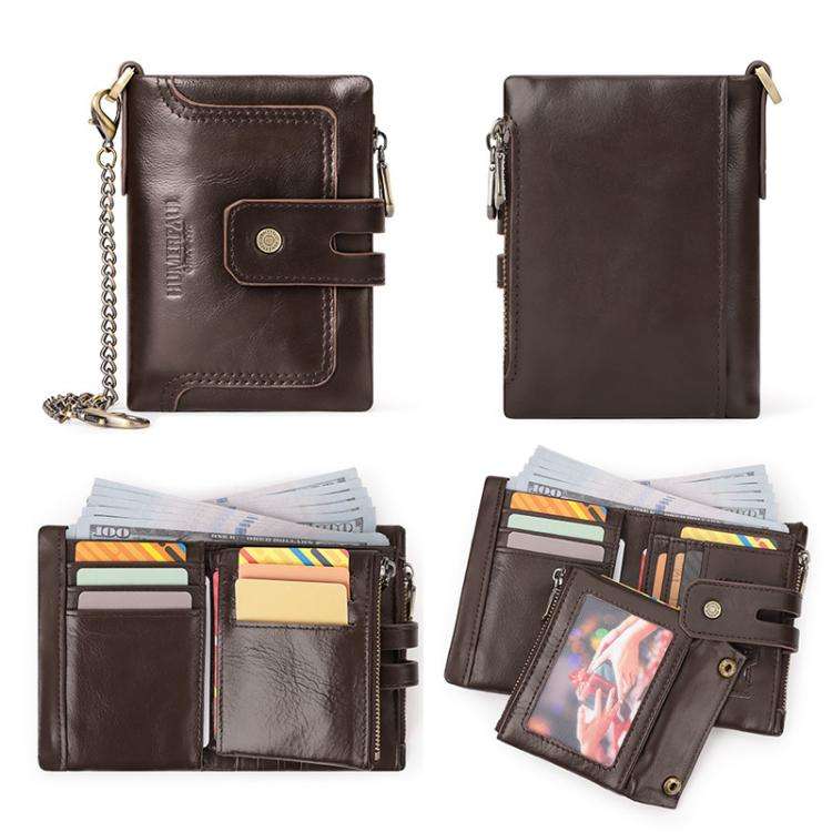 HUMERPAUL BP778 Short Leather Wallet RFID Tri-fold Double Zipper Coin Purse(Brown)