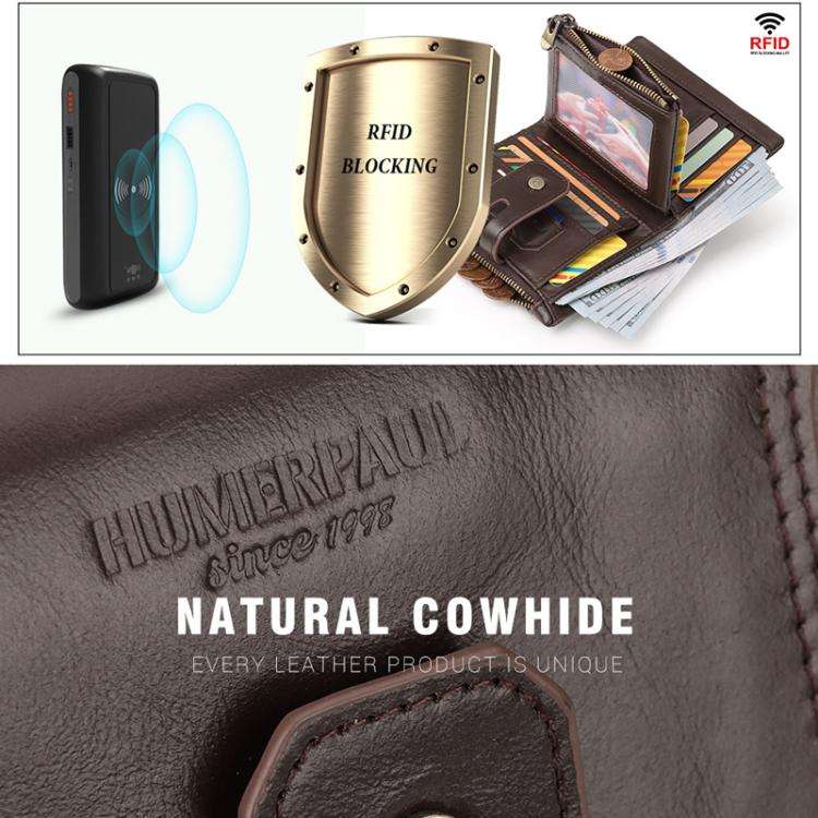 HUMERPAUL BP778 Short Leather Wallet RFID Tri-fold Double Zipper Coin Purse(Brown)