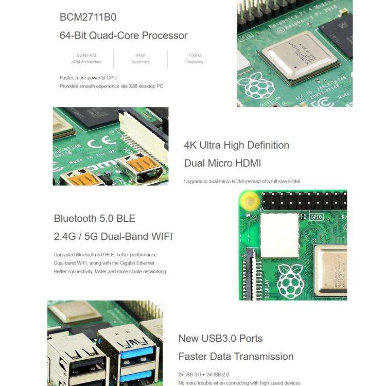 Waveshare For Raspberry Pi 4 Model 4GB BCM2711B0 64-Bit Quad-Core 4K Dual Mini HDMI For DIY, IoT,...