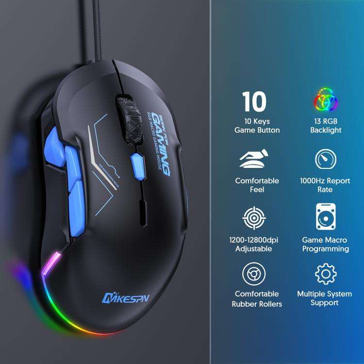 MKESPN 12800 DPI Ambidextrous Wired Gaming Mouse - 10 Programmable Buttons, RGB Customization, Sy...