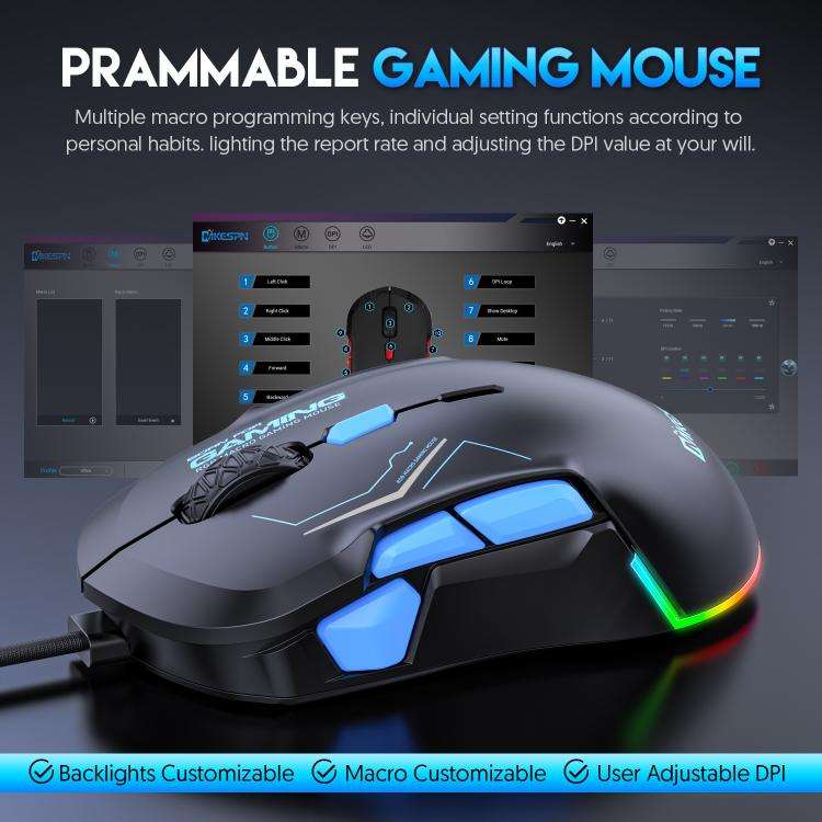 MKESPN 12800 DPI Ambidextrous Wired Gaming Mouse - 10 Programmable Buttons, RGB Customization, Sy...
