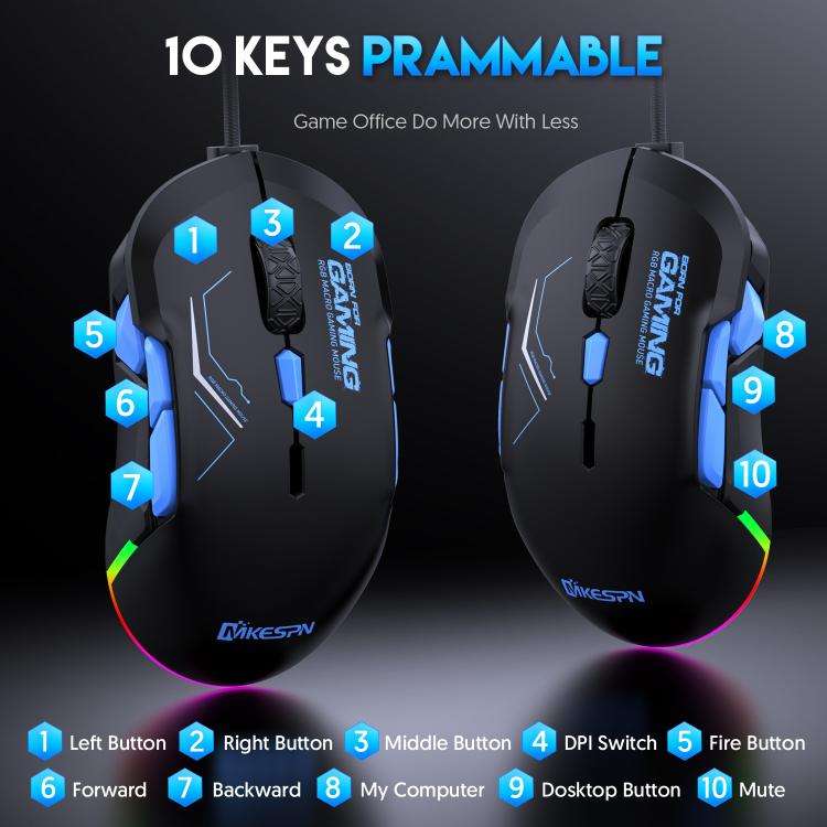 MKESPN 12800 DPI Ambidextrous Wired Gaming Mouse - 10 Programmable Buttons, RGB Customization, Sy...