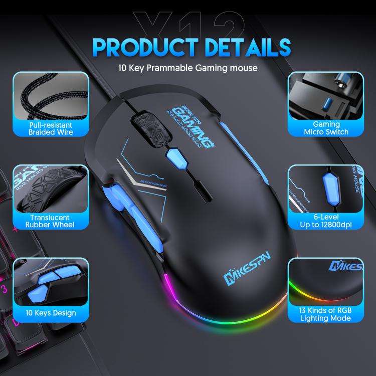 MKESPN 12800 DPI Ambidextrous Wired Gaming Mouse - 10 Programmable Buttons, RGB Customization, Sy...