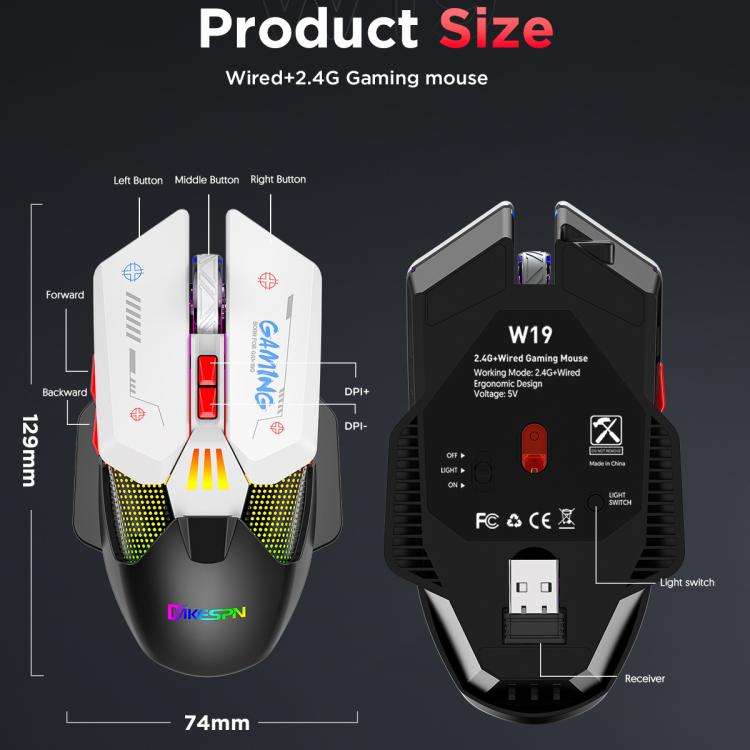 MKESPN Wired + 2.4G Dual Mode Gaming Mouse 10000 DPI Type-C Fast Charging RGB Light, Programmable...