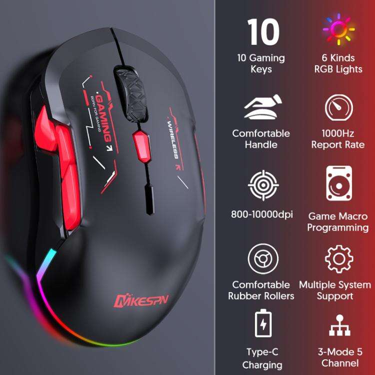 MKESPN W12 Tri-Mode 5-Channel Gaming Mouse 10-Key 10000 DPI Ambidextrous Design RGB Macro Mouse(B...