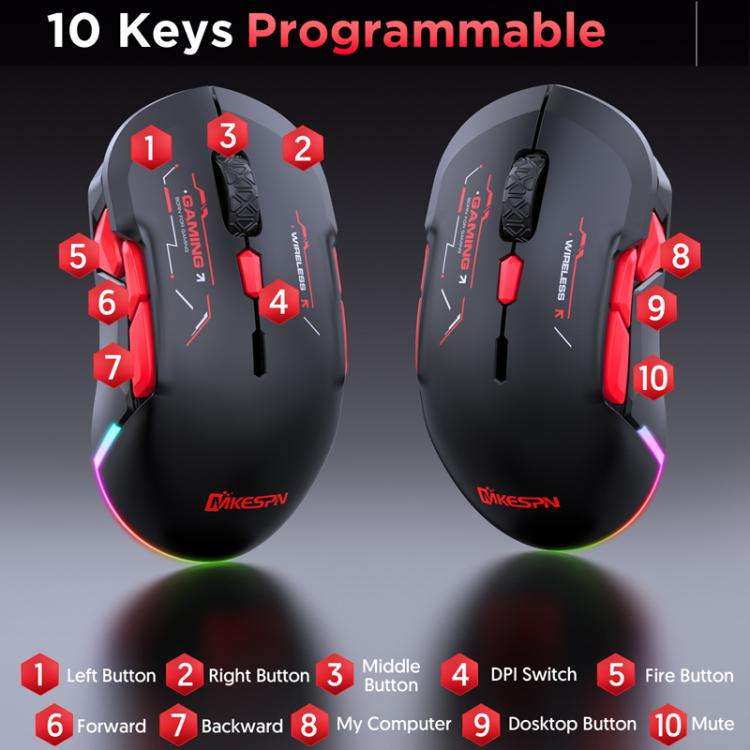 MKESPN W12 Tri-Mode 5-Channel Gaming Mouse 10-Key 10000 DPI Ambidextrous Design RGB Macro Mouse(B...