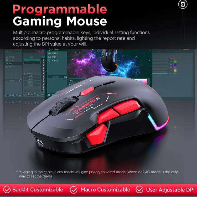 MKESPN W12 Tri-Mode 5-Channel Gaming Mouse 10-Key 10000 DPI Ambidextrous Design RGB Macro Mouse(B...