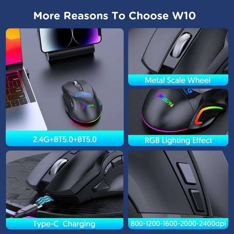 MKESPN W10 Tri-Mode Wireless Gaming Mouse 2400DPI with 9 Programmable Buttons, RGB Lighting, Type...