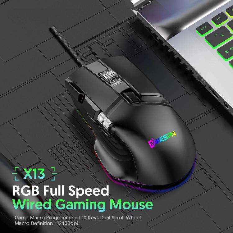 MKESPN X13 RGB Full Speed Wired Gaming Mouse 12400 DPI 10-Key Dual Scroll Wheel Swing Macro Progr...