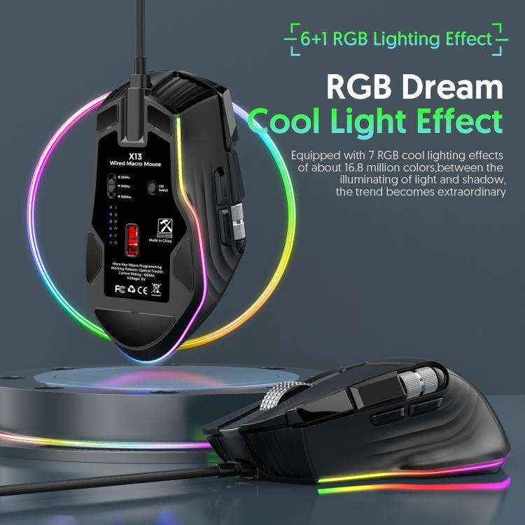 MKESPN X13 RGB Full Speed Wired Gaming Mouse 12400 DPI 10-Key Dual Scroll Wheel Swing Macro Progr...