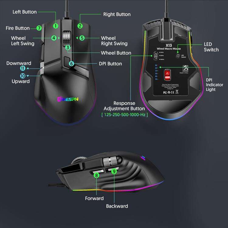 MKESPN X13 RGB Full Speed Wired Gaming Mouse 12400 DPI 10-Key Dual Scroll Wheel Swing Macro Progr...