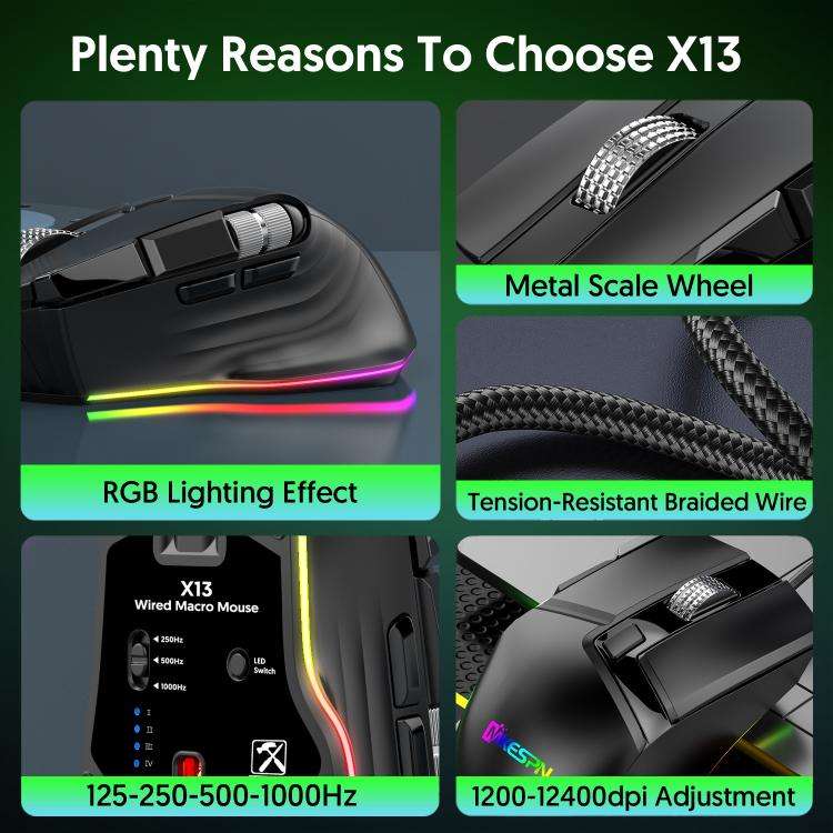 MKESPN X13 RGB Full Speed Wired Gaming Mouse 12400 DPI 10-Key Dual Scroll Wheel Swing Macro Progr...